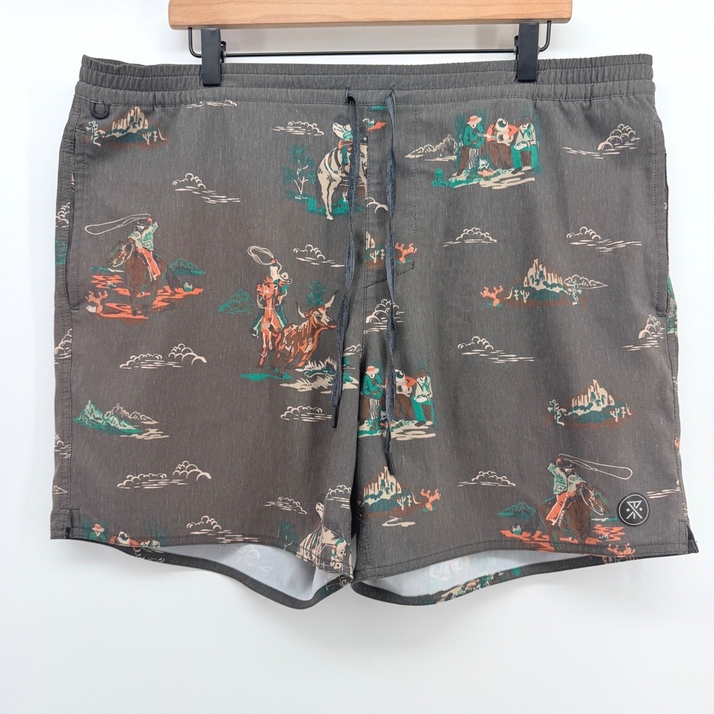 Roark Board Shorts Mens XL Gray Cowboy Rodeo Print Elastic Waist Drawstring